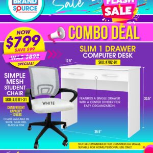 Combo Deal: #702.91 White Slim 1 Drawer Desk & Simple Mesh Student Chair