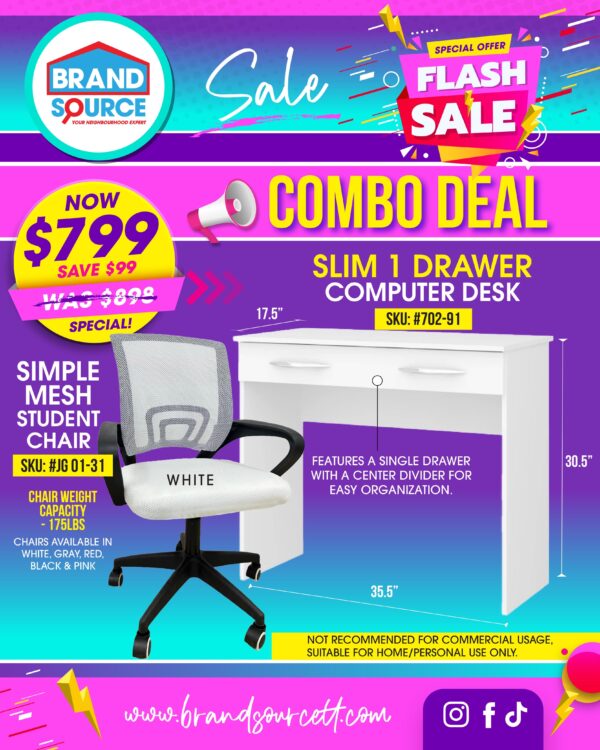 Combo Deal: #702.91 White Slim 1 Drawer Desk & Simple Mesh Student Chair