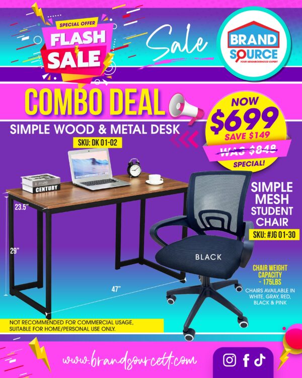 Combo Deal: #DK 01-02 Simple Metal & Wood Desk & Simple Mesh Student Chair