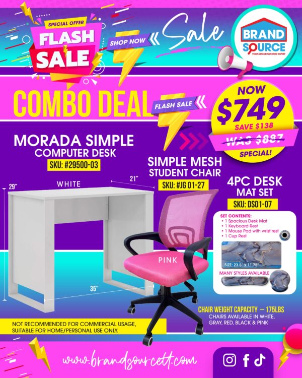 3PC Combo Deal: Simple Morada Desk, 4PC Desk Mat Set & Simple Mesh Student Chair