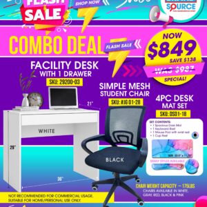 3PC Combo Deal: Facility Desk, 4PC Desk Mat Set & Simple Mesh Student Chair