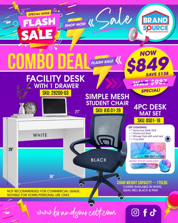 3PC Combo Deal: Facility Desk, 4PC Desk Mat Set & Simple Mesh Student Chair