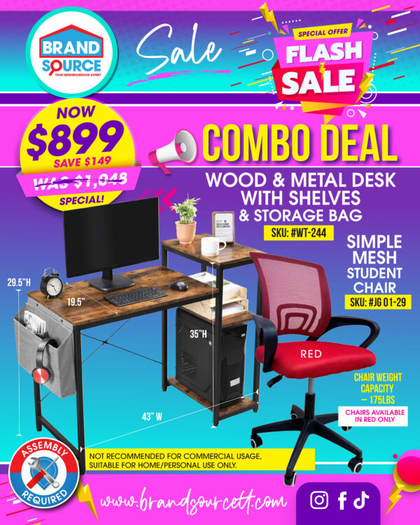 Combo Deal: #WT-244 Wood & Metal Desk with Shelves & Red Simple Mesh Student Chair