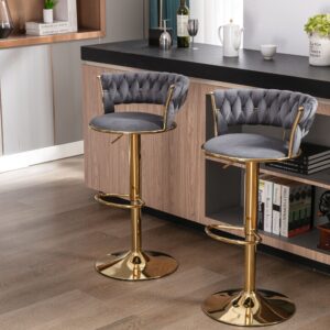 #CH 05-04 Dark Grey Swivel Woven Fabric Bar Stool With Gold Frame - 2PCS Set