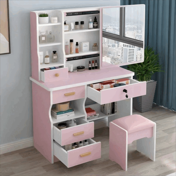 #SV 03-02 Small Pink Girls Sliding Mirror Vanity with Stool