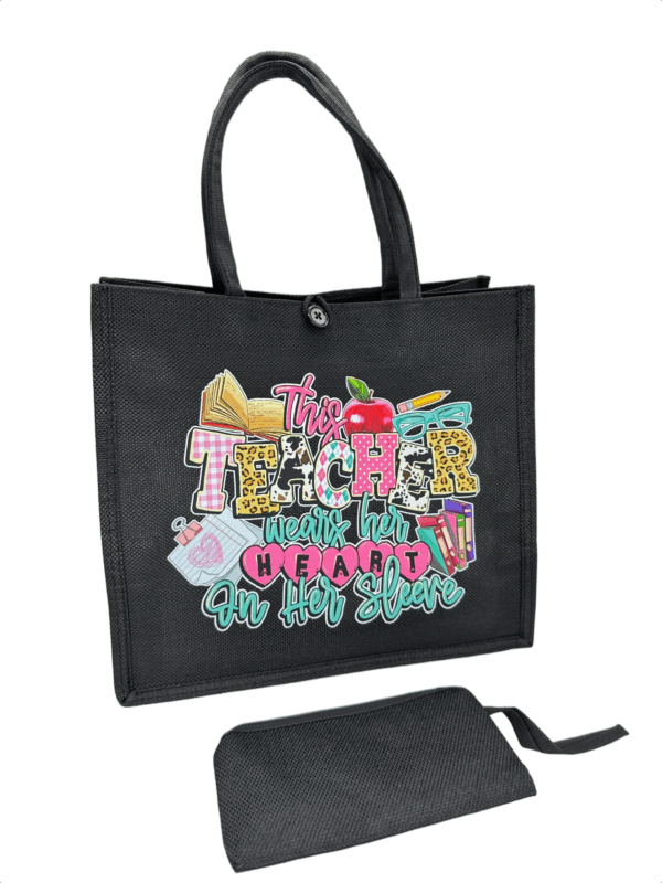 Black Printed Jute Tote Bag with Mini Cosmetic Pouch - Image 12