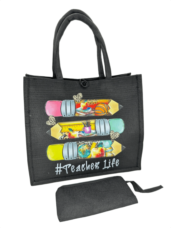 Black Printed Jute Tote Bag with Mini Cosmetic Pouch - Image 13