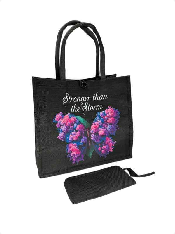 Black Printed Jute Tote Bag with Mini Cosmetic Pouch - Image 8