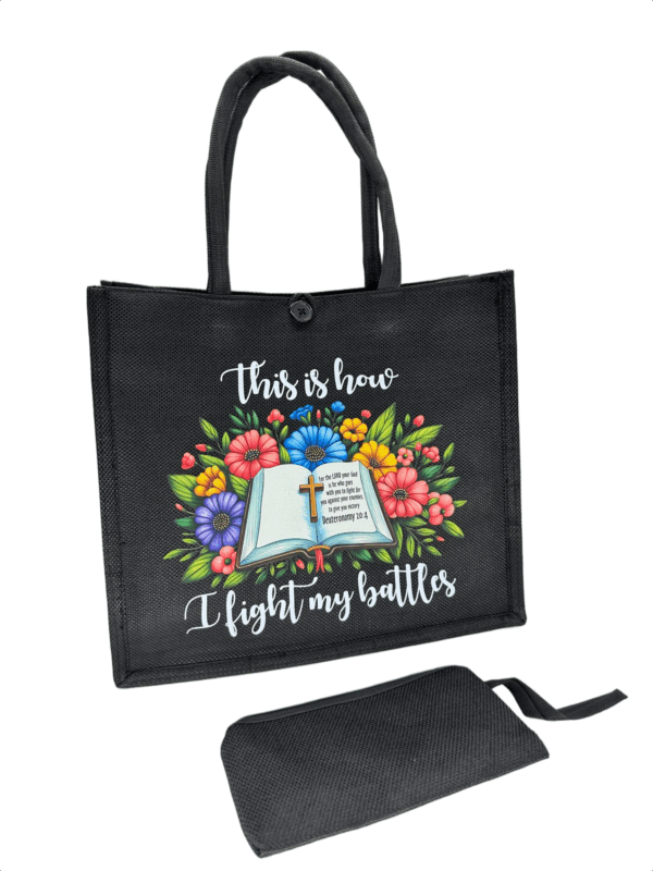 Black Printed Jute Tote Bag with Mini Cosmetic Pouch - Image 9