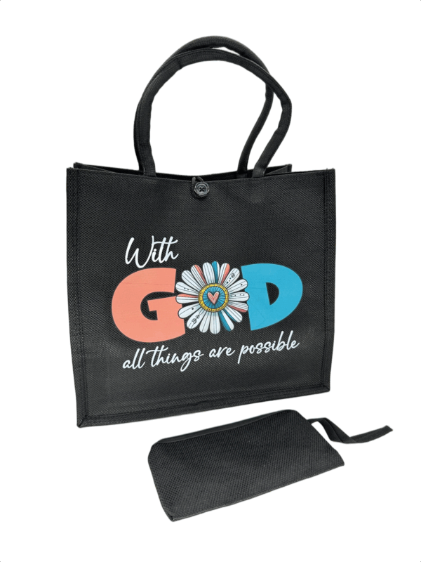 Black Printed Jute Tote Bag with Mini Cosmetic Pouch - Image 10