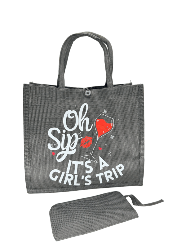 Black Printed Jute Tote Bag with Mini Cosmetic Pouch - Image 11