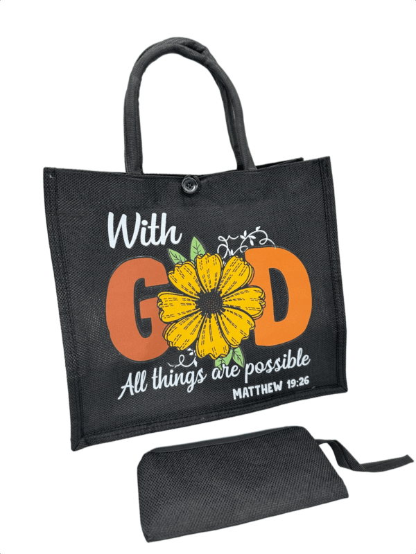 Black Printed Jute Tote Bag with Mini Cosmetic Pouch - Image 16