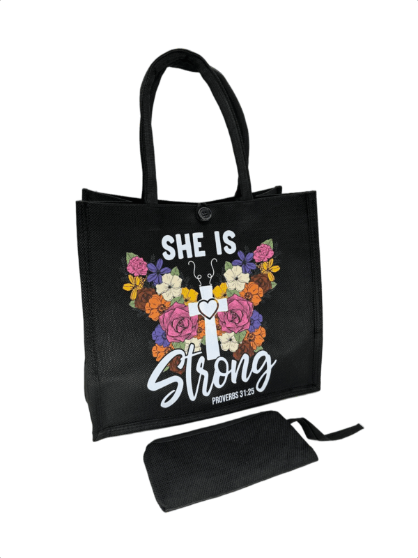 Black Printed Jute Tote Bag with Mini Cosmetic Pouch - Image 17