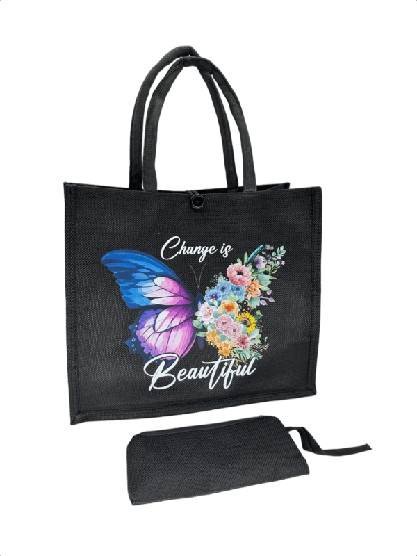 Black Printed Jute Tote Bag with Mini Cosmetic Pouch - Image 18