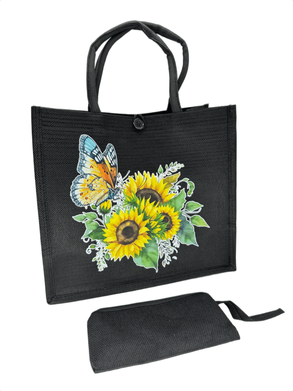Black Printed Jute Tote Bag with Mini Cosmetic Pouch - Image 19