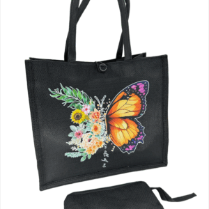 Black Printed Jute Tote Bag with Mini Cosmetic Pouch