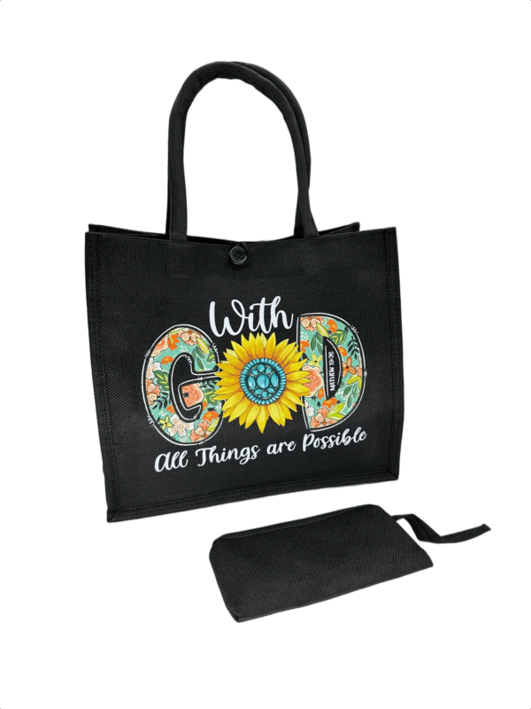 Black Printed Jute Tote Bag with Mini Cosmetic Pouch - Image 3