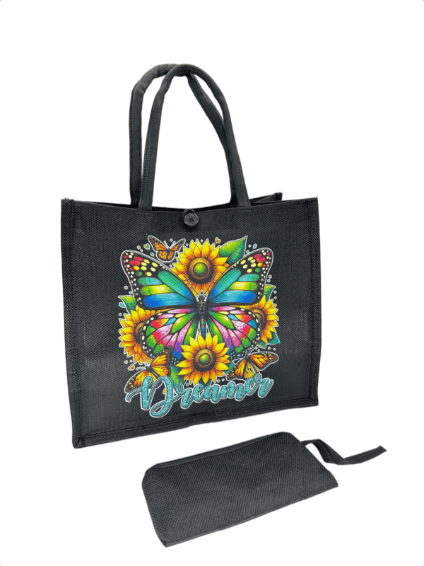 Black Printed Jute Tote Bag with Mini Cosmetic Pouch - Image 4