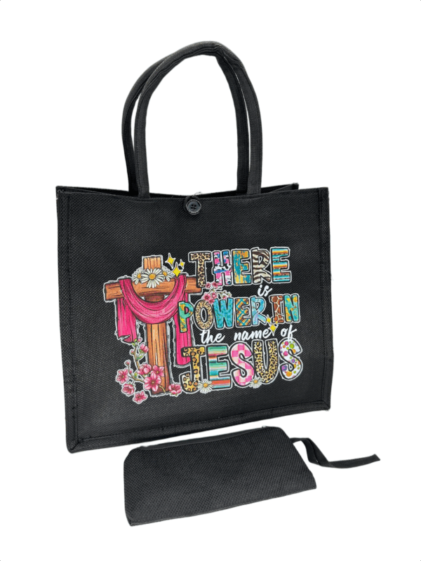 Black Printed Jute Tote Bag with Mini Cosmetic Pouch - Image 5