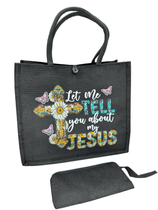 Black Printed Jute Tote Bag with Mini Cosmetic Pouch - Image 6