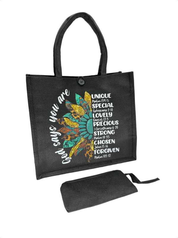 Black Printed Jute Tote Bag with Mini Cosmetic Pouch - Image 7