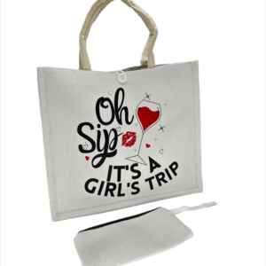 White Printed Jute Tote Bag with Mini Cosmetic Pouch