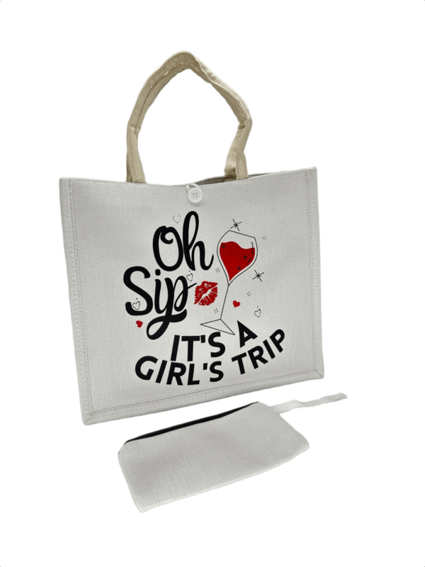 White Printed Jute Tote Bag with Mini Cosmetic Pouch