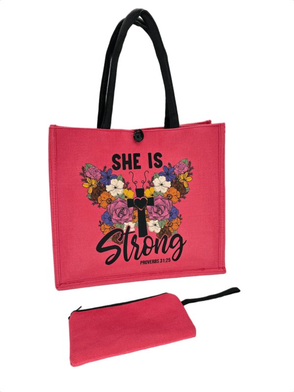 Pink Printed Jute Tote Bag with Mini Cosmetic Pouch - Image 4