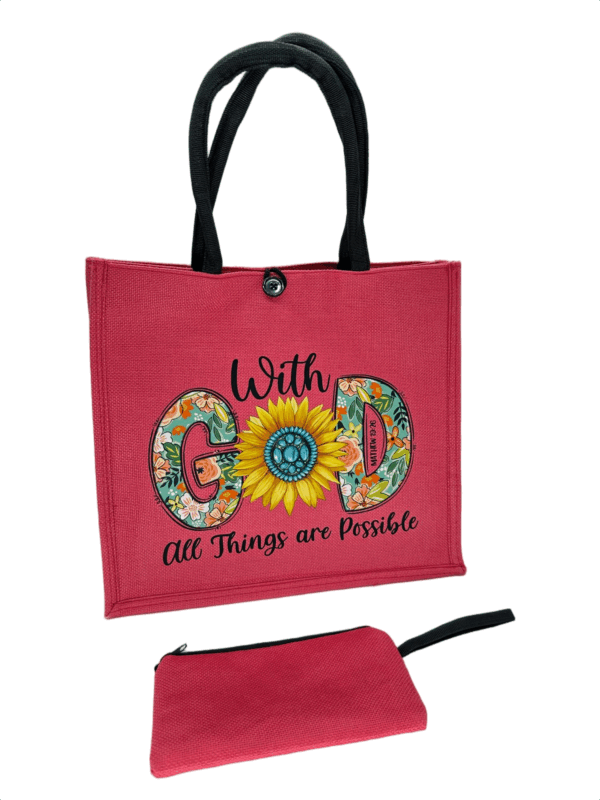 Pink Printed Jute Tote Bag with Mini Cosmetic Pouch - Image 3