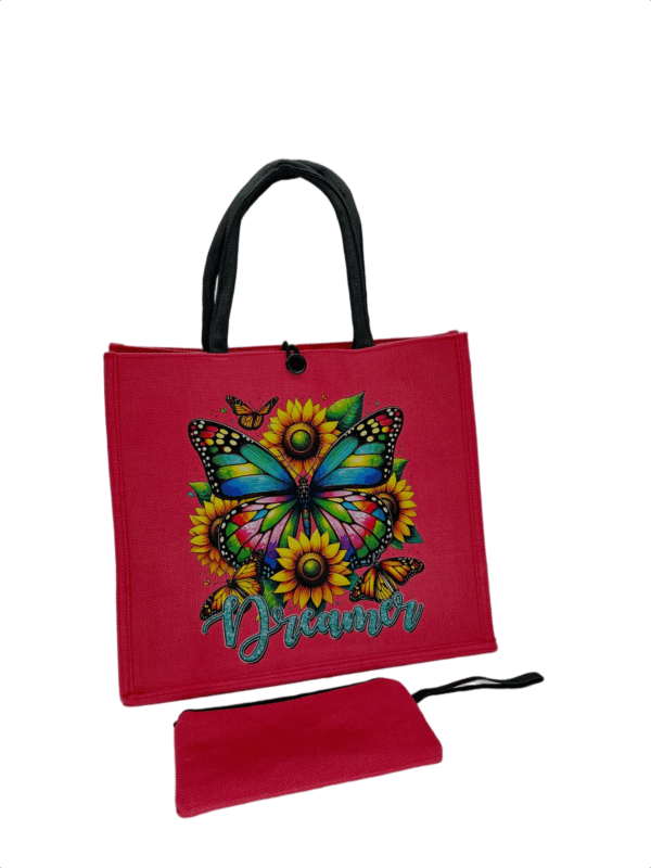 Pink Printed Jute Tote Bag with Mini Cosmetic Pouch - Image 2