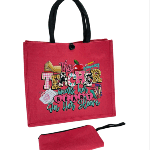 Pink Printed Jute Tote Bag with Mini Cosmetic Pouch