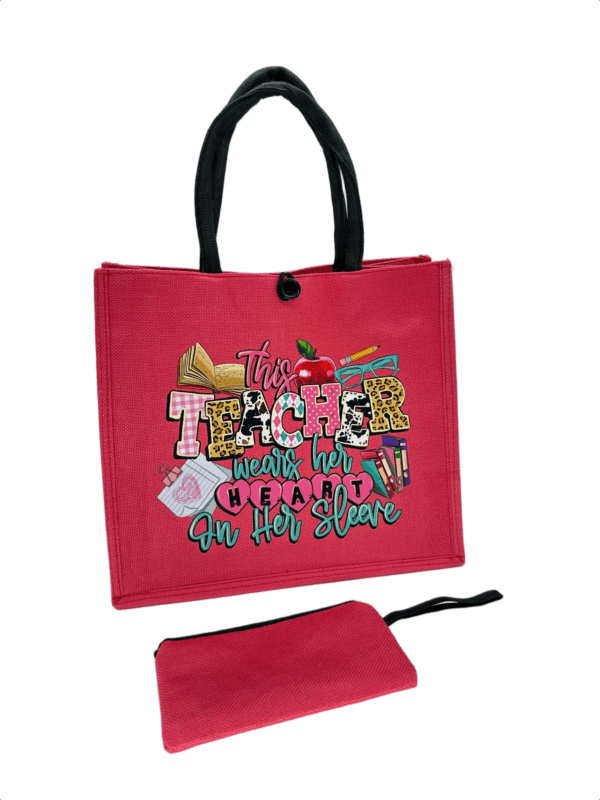 Pink Printed Jute Tote Bag with Mini Cosmetic Pouch