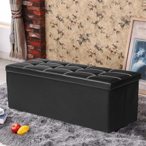 Black 43" Foldable Leatherette Storage Ottoman with Internal Divider