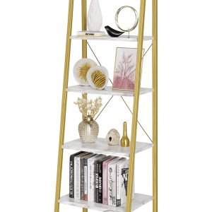 #JZ 01-01 5 Tier Wood & Metal Shelving with Gold Metal Frame & Matte White Marble Shelves