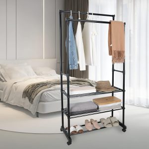 #XJ-309B Black Plastic Double Hanging Rack on Wheels