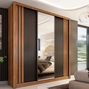 Moema 3 Sliding Doors Wardrobe with Mirror - Almond Finish with Black Doors