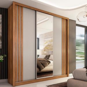 Moema 3 Sliding Doors Wardrobe with Mirror - Almond Finish with Nude Doors