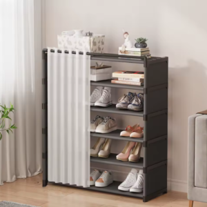 #DJ 01-10 Black 6 Layer Plastic Metal & Fabric Shoe Rack