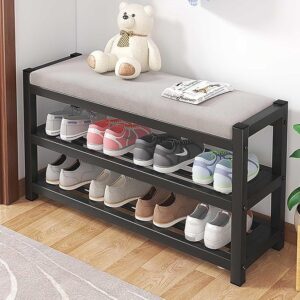 #DJ 01-25 2 Tier Shoe Bench - Gray Fabric Seat & Black Metal Frame
