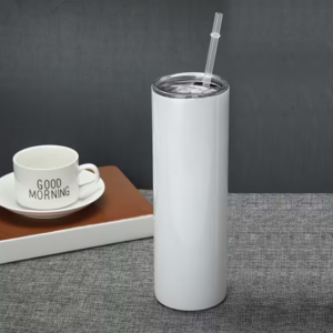 #BT 25-01 White Slim & Tall 20oz Insulated Tumbler Cup with Plastic Straw