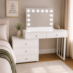 #JG 01-70 White 5 Drawer Vanity with Tempered Glasstop & 12 LED Bulb Lights