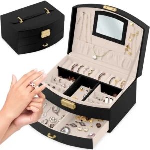 #SS 01-16 Black Leatherette 2 Layer Jewellery Box with Mirror
