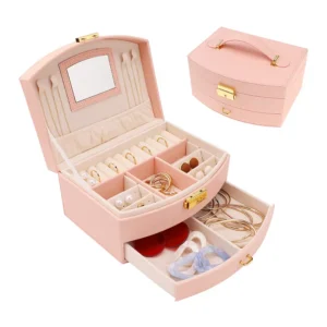 #SS 01-18 Pink Leatherette 2 Layer Jewellery Box with Mirror