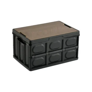 #FB 10-12 Black Stackable Plastic 30L Collapsible Storage Bin with Wooden Lid