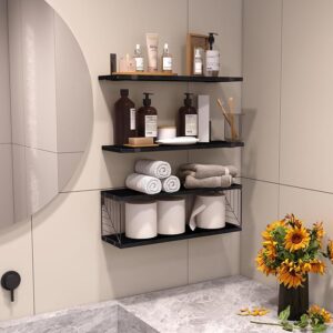 #BBS-003BK Black 3PC Floating Shelves with Black Metal Frame