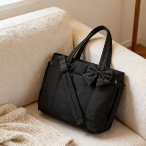#LX 01-64 Black Puffer Tote Bag with Bow, Laptop Sleeve & Cup Holder