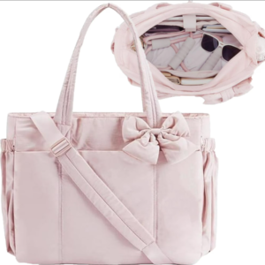 #LX 01-64 Pink Puffer Tote Bag with Bow, Laptop Sleeve & Cup Holder