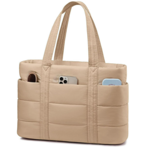 #LX 01-89 Beige Puffer Tote Bag with Laptop Sleeve & Cup Holder