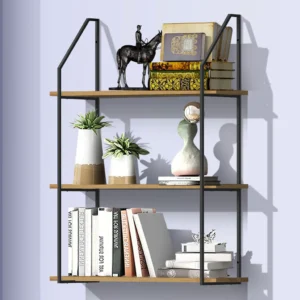 #QJ-6020 Oak 3 Tier Wood & Metal Floating Shelf