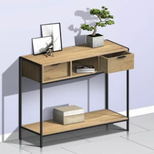 #XG-100 Oak Wood & Metal Console Table with 2 Drawers